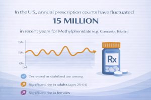 Infographic stating that annual U.S. prescription counts for methylphenidate (e.g., Concerta, Ritalin) have fluctuated around 15 million in recent years, with a line graph and notes indicating decreased or stabilized use in some groups and a significant rise among adults and females.